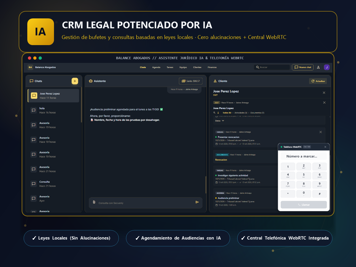 CRM Legal potenciado por IA y central telefónica WebRTC para bufetes de abogados basado en leyes locales sin alucinaciones
