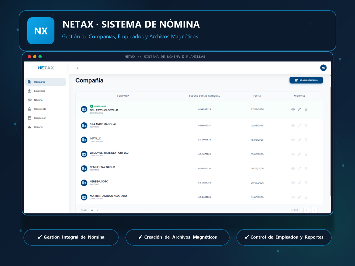 Netax - Sistema de nómina con radicación en plantillas y creación de archivos magnéticos